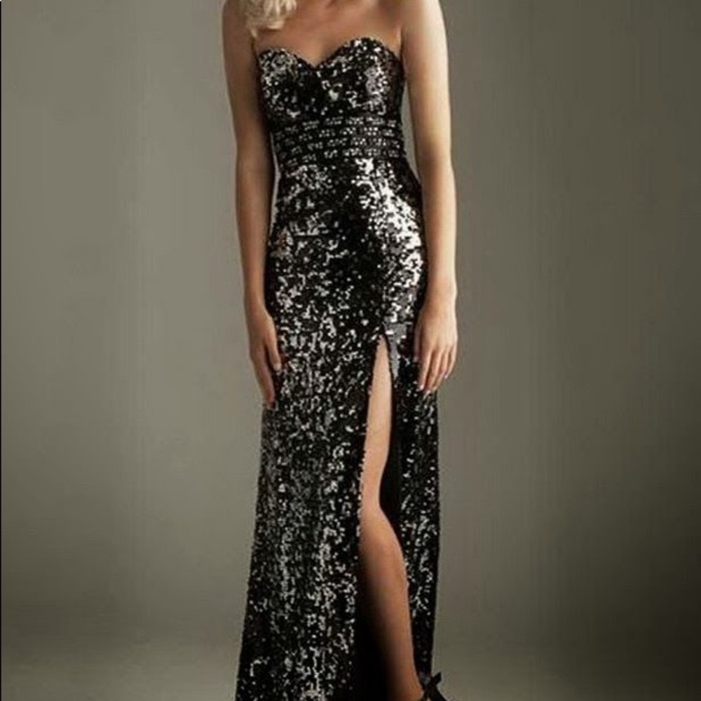 Silver and black sequins strapless gown